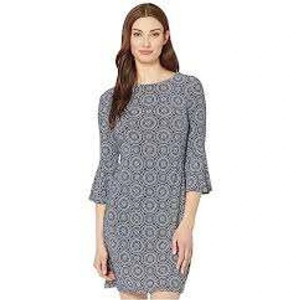Tommy Hilfiger Shift Dress Womens 6 Navy Medallion Bell Sleeve‎